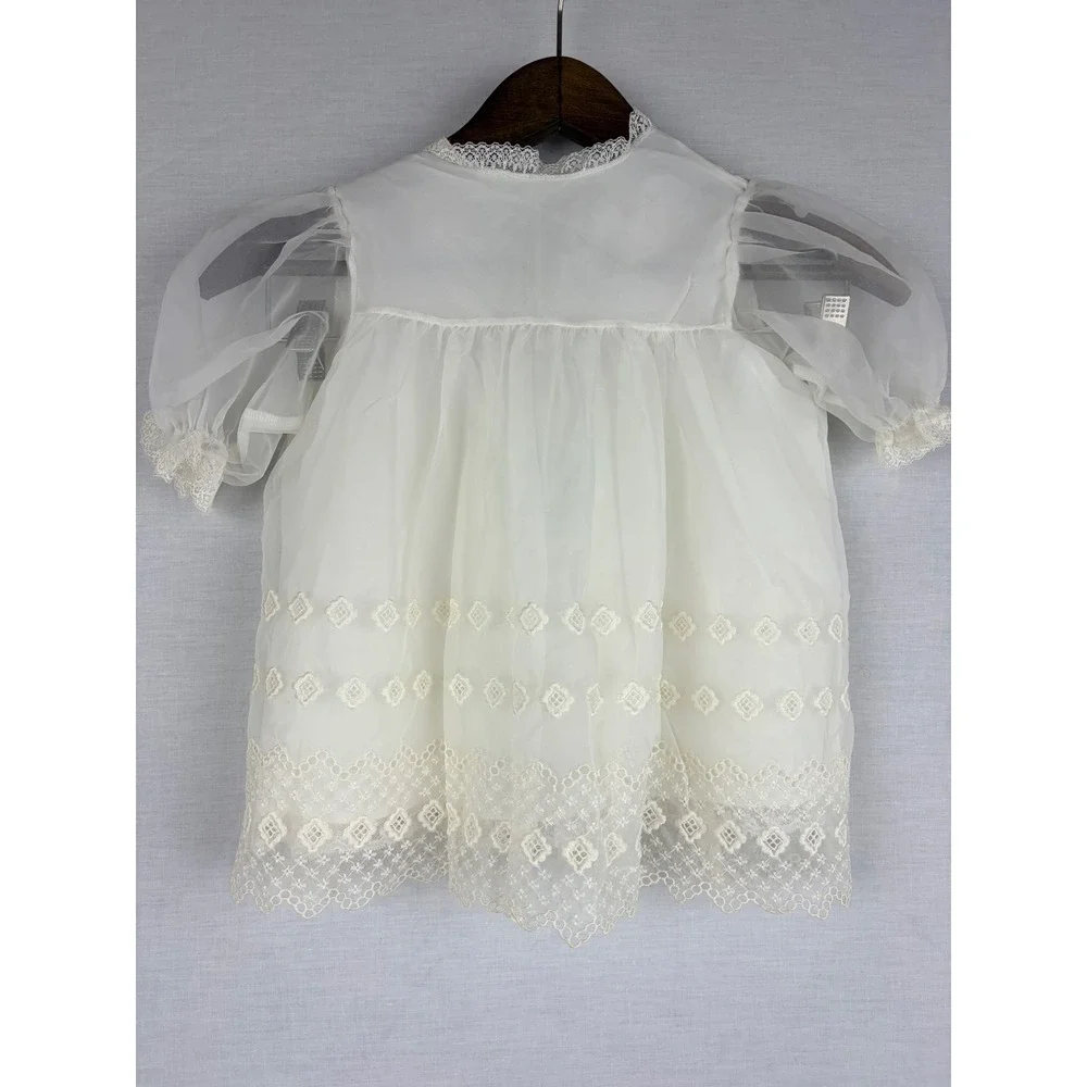 Vintage‎ White Sheer Embroidered Baby Christening Gown Lace Trim Ribbon Tie 9M